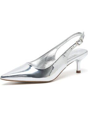 Women's Low Kitten Heel Silver-Pu Slingback Pump Pointed Toe Heeled Sandals 321